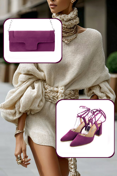Women's mulberry purple elegant closed-toe heels, with crossed straps. Tapered toe. High flare heels - Top view